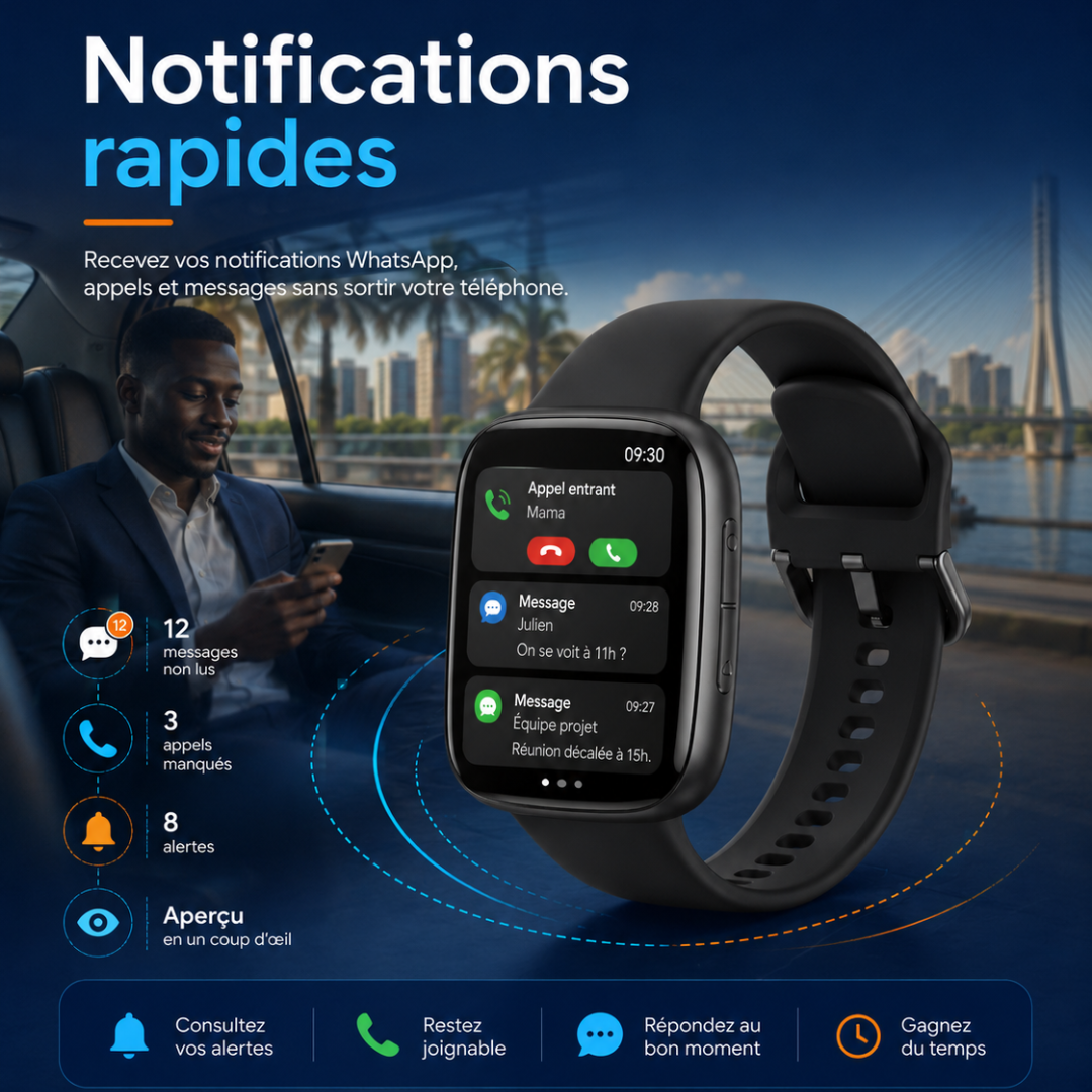 Notifications WhatsApp et appels visibles sur une montre connectée AccessTech